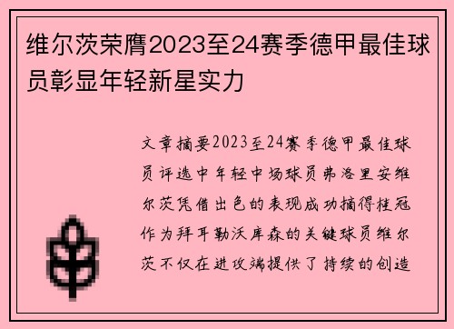 维尔茨荣膺2023至24赛季德甲最佳球员彰显年轻新星实力